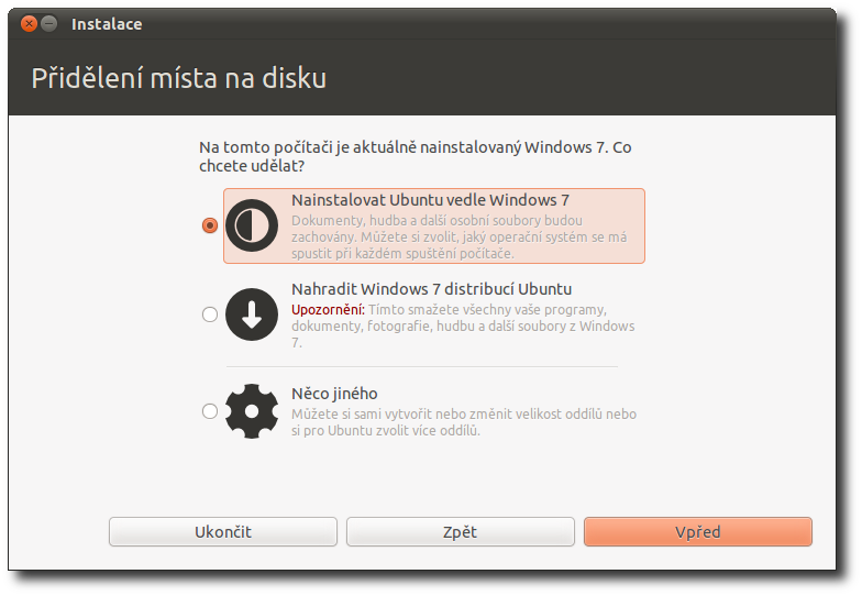výběr, kam bude Ubuntu nainstalováno 